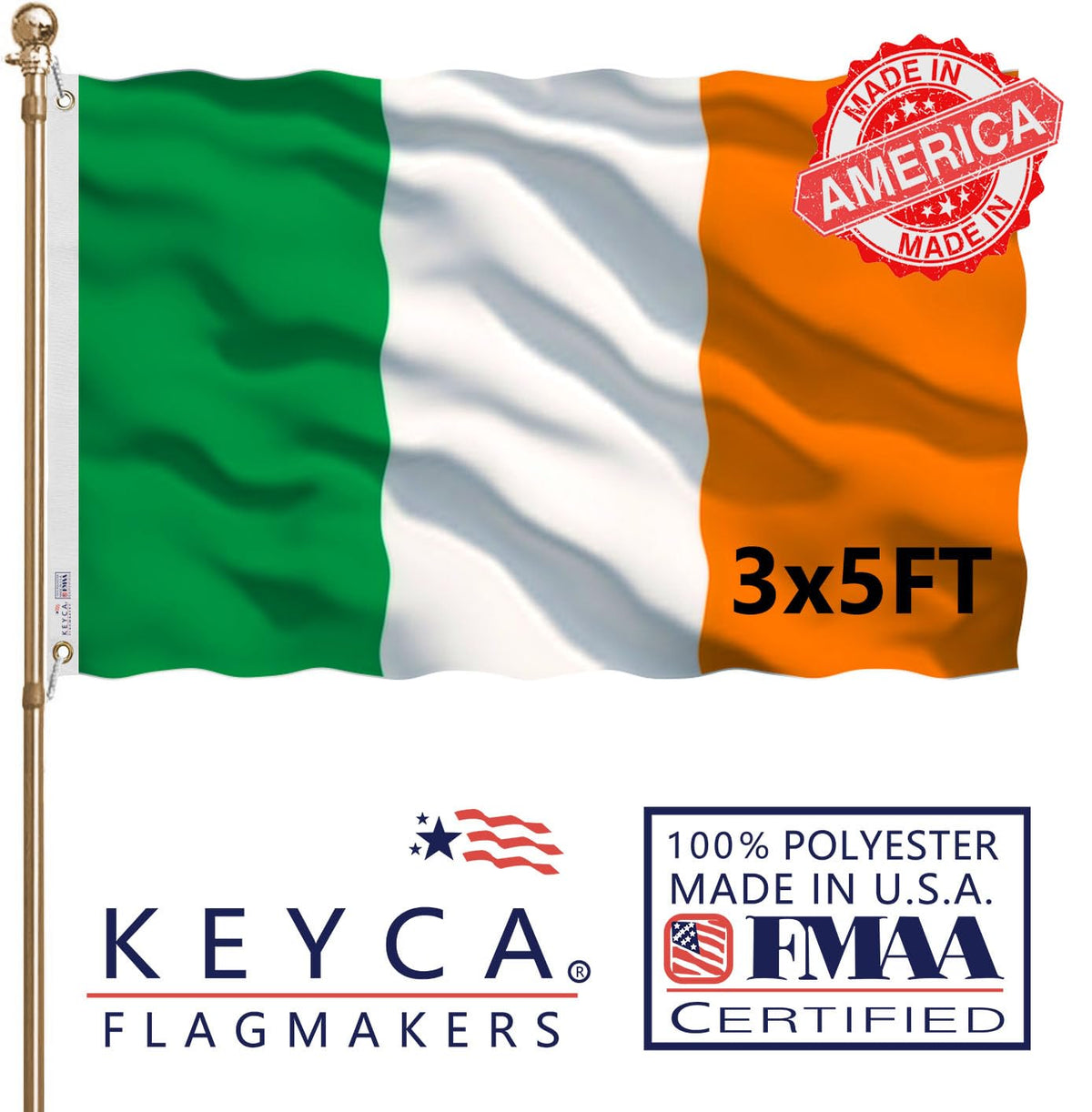 KEYCA Ireland flag 3x5 double-sided display with vibrant colors for home or office