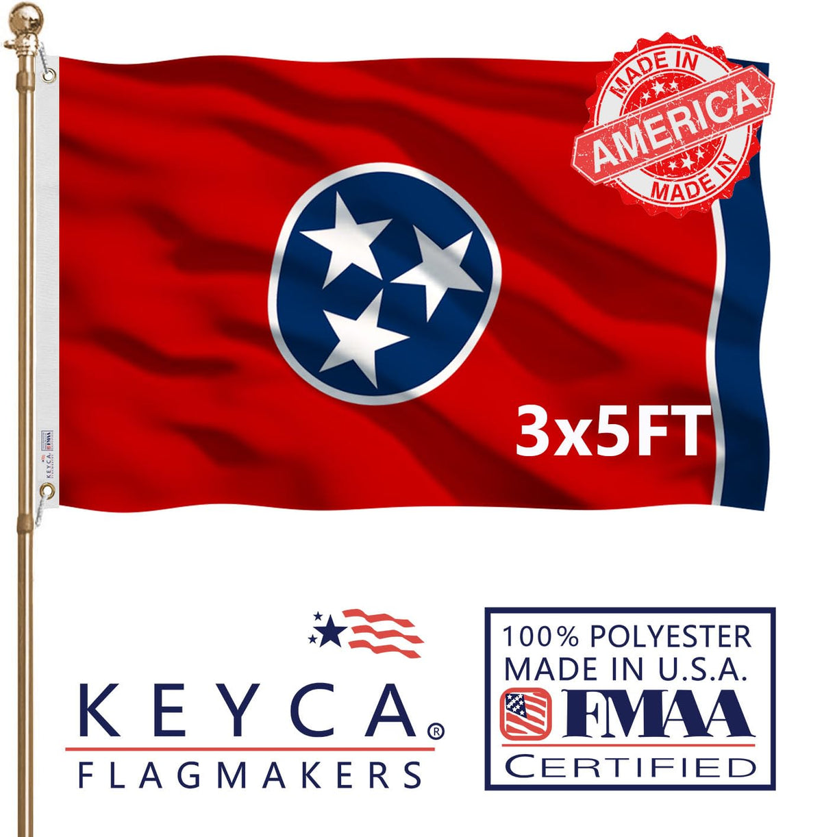 KeyCA Tennessee flag double-sided for clear visibility indoors or outdoors.