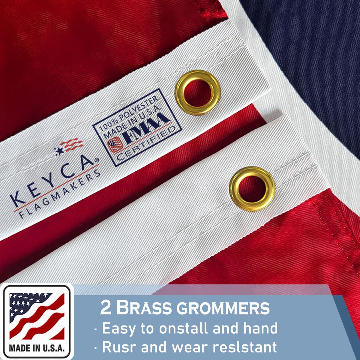 KeyCA flag with quad-stitched corners to resist wind wear.