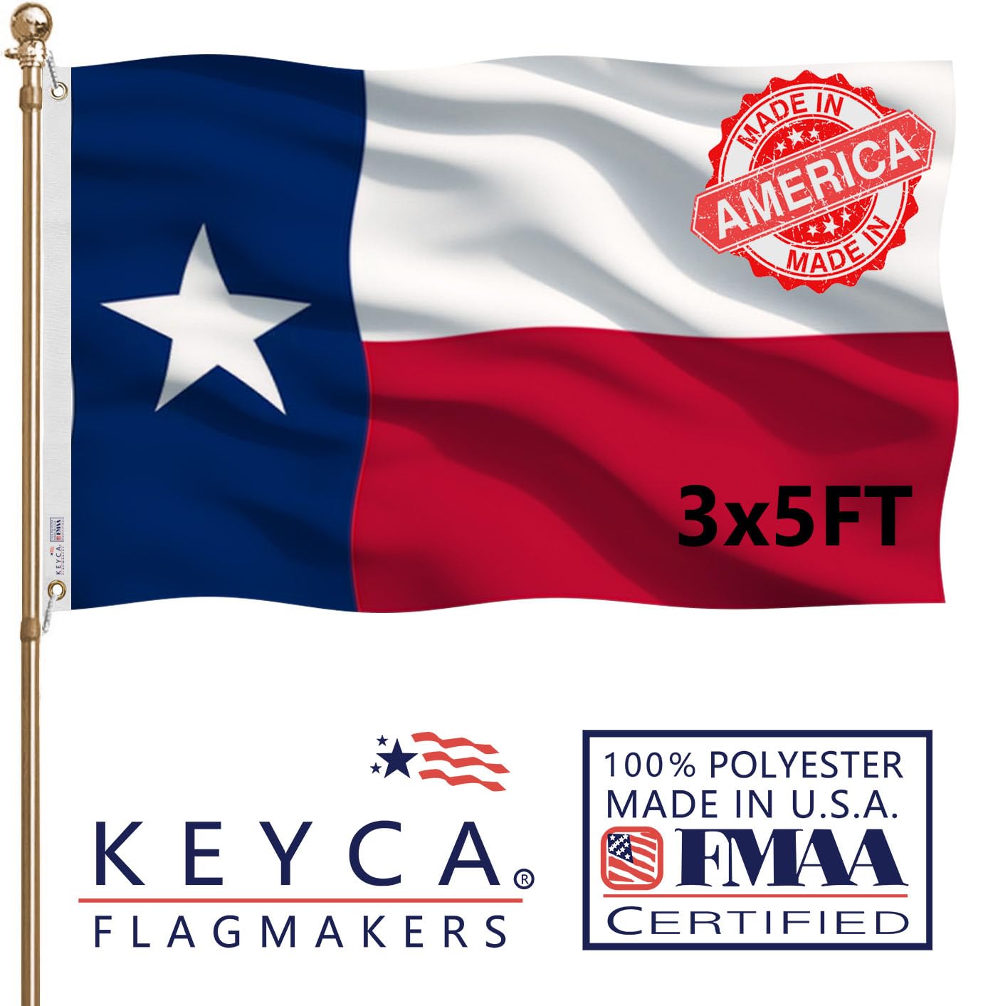 KEYCA Texas flag 3x5ft outdoors, ideal for home or office display on a pole.