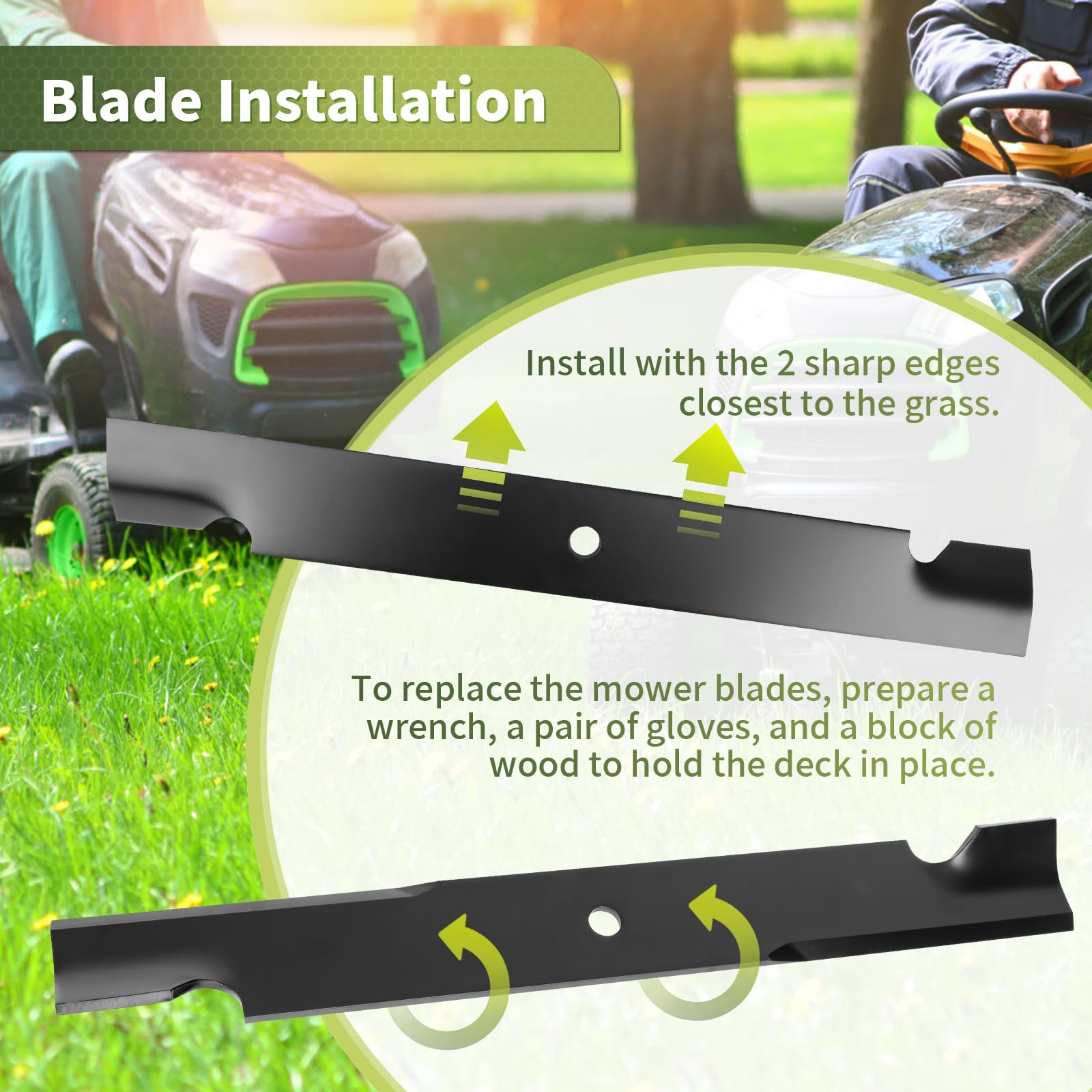 Keycci 3-pack blades install quickly for consistent lawn upkeep.
