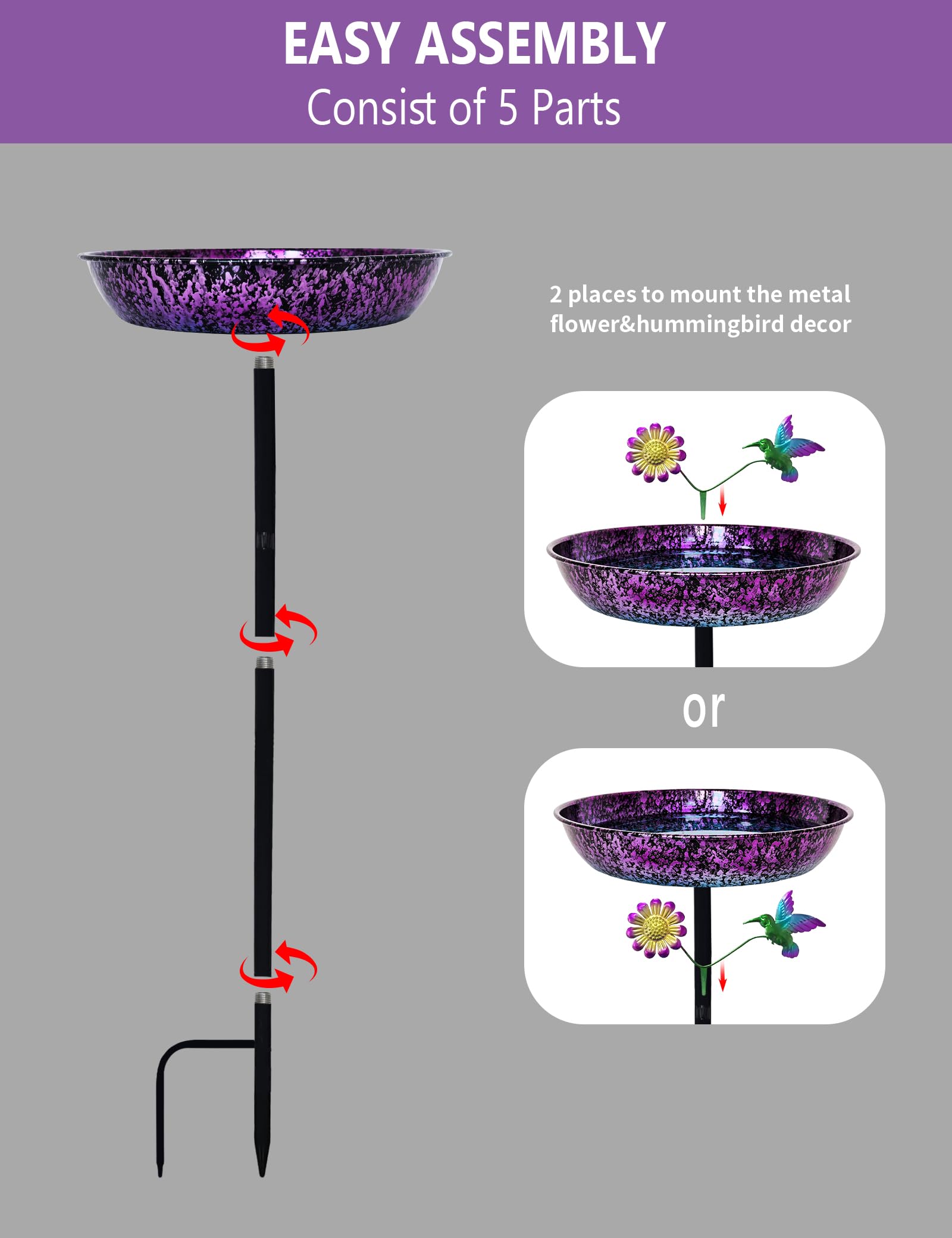 Keygift bird bath doubles as water source and seed feeder for diverse birds.