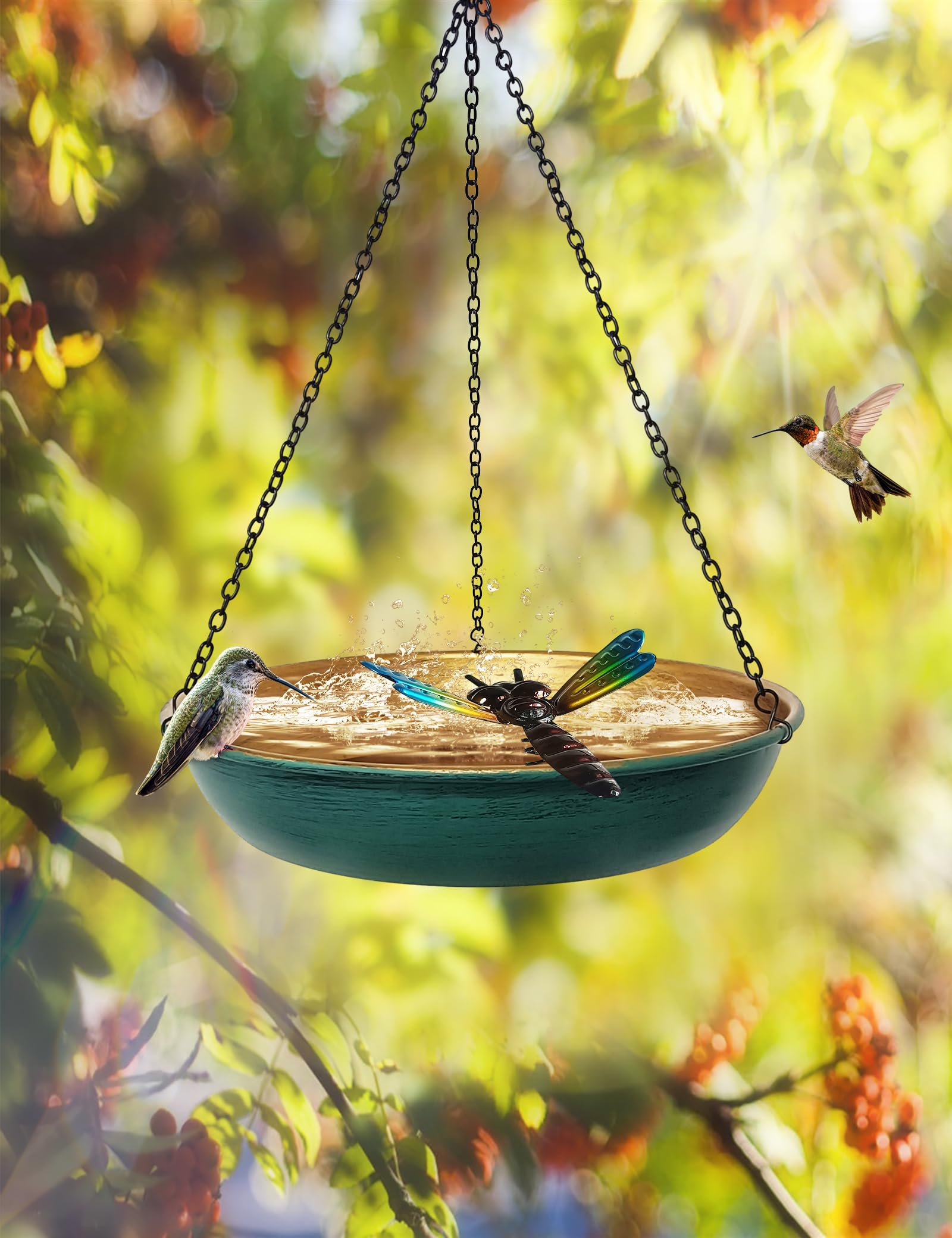 Keygift birdbath showing detachable black chain for easy hanging