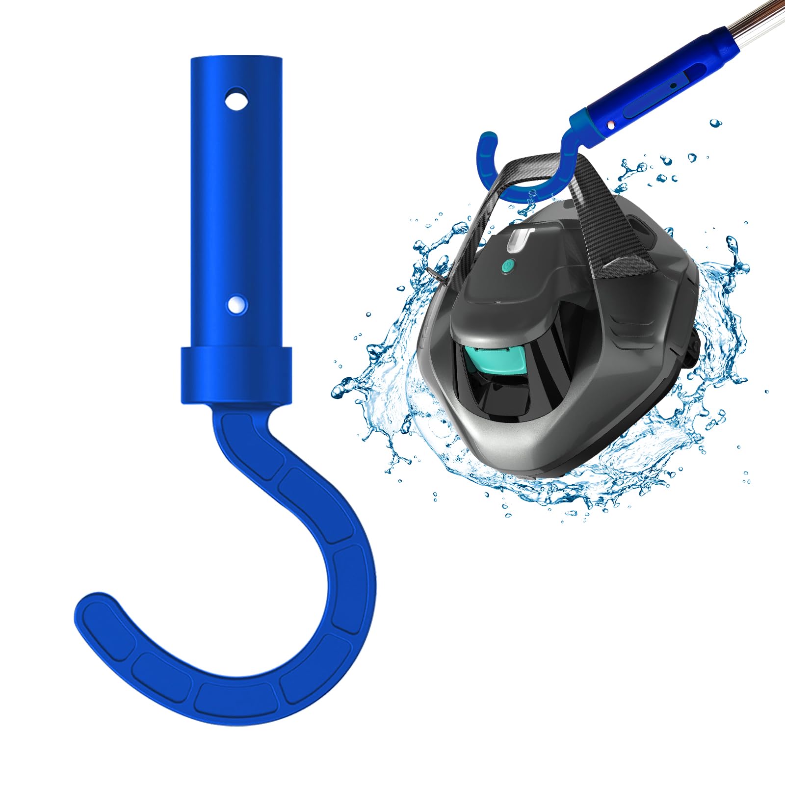 Keyrank hook for robotic pool cleaners enables universal compatibility and easy retrieval.