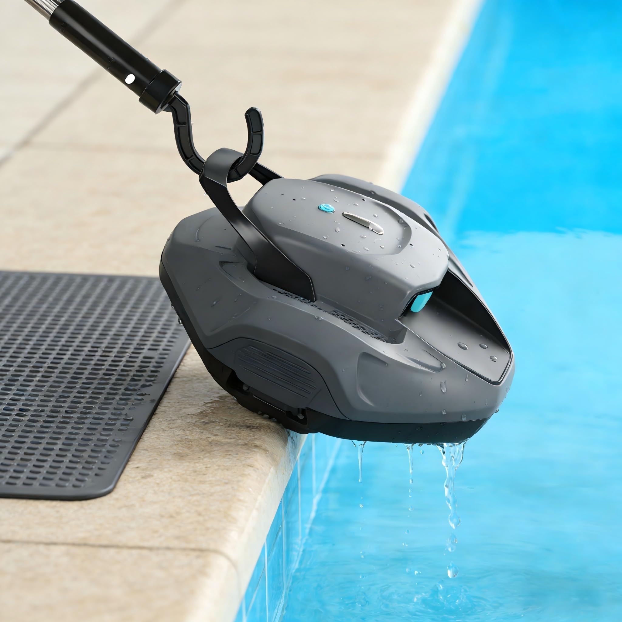 Keyrank compact hook stores easily beside the poolside cabinet.