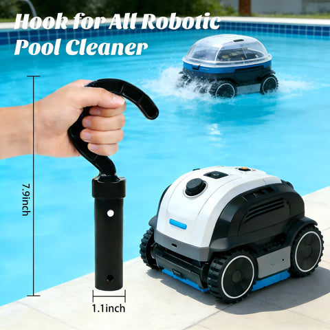 Keyrank hook on pole supports easy lift of pool vacuum robot.
