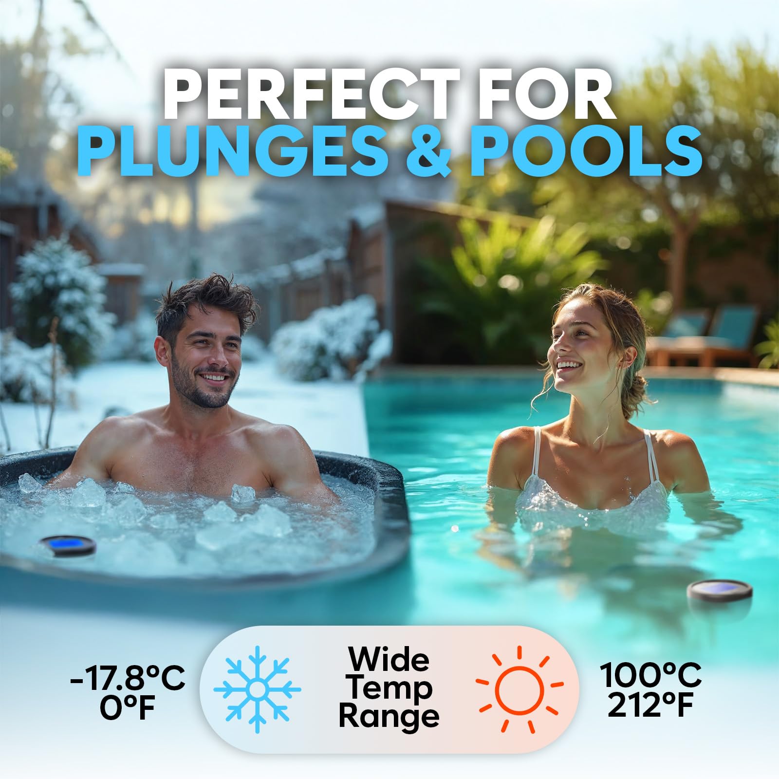 Keystone Peak pool thermometer floats in bright water for accurate pool readings.
