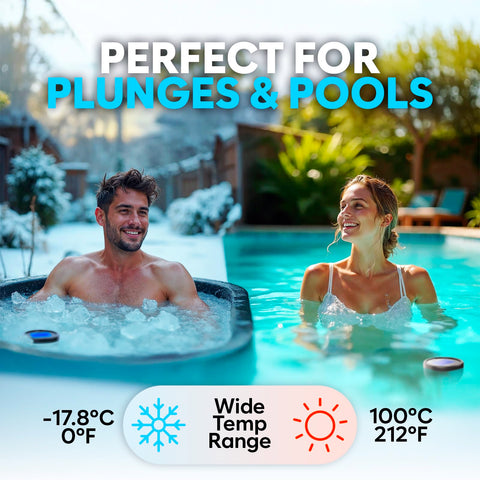 Keystone Peak pool thermometer floats in bright water for accurate pool readings.