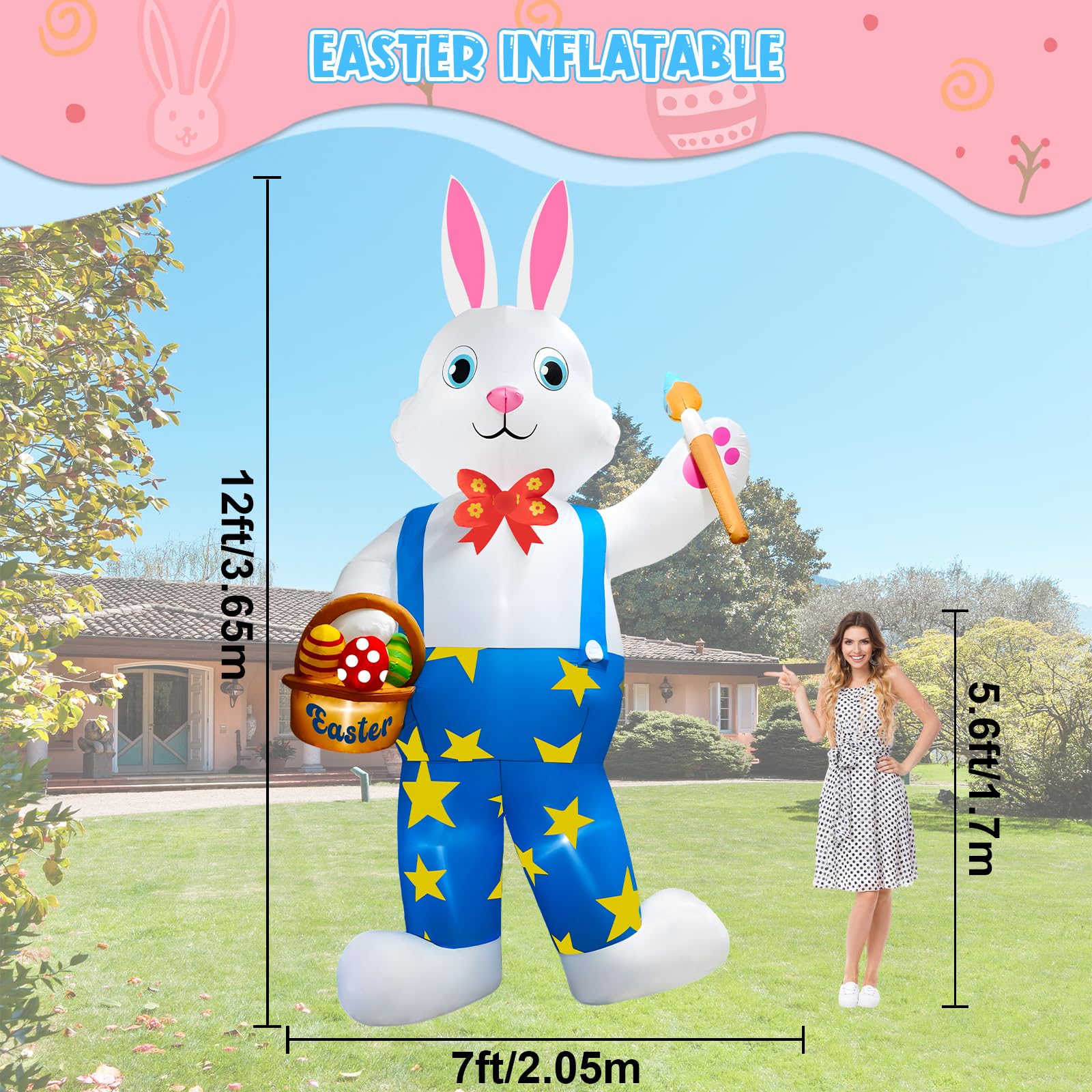 KFURNIKN Easter inflatable bunny with basket eggs for festive center stage