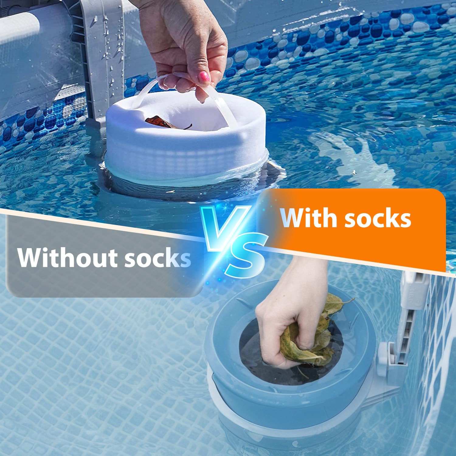 KGC Pool Skimmer Socks in a skimmer basket catching leaves and debris