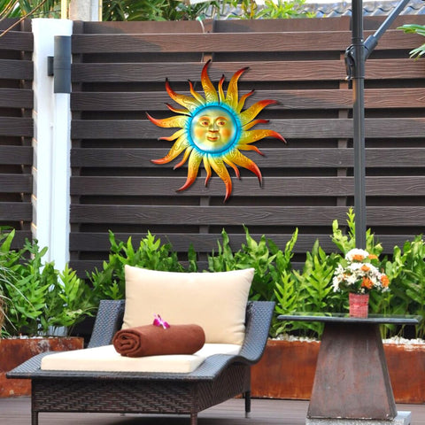 Kggetr Garden Sun Wall Decor enhances outdoor spaces with farmhouse style.