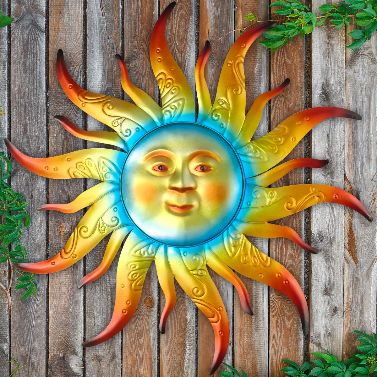 Kggetr Large Sun Wall Art Decor with sun face design brightens outdoor spaces.