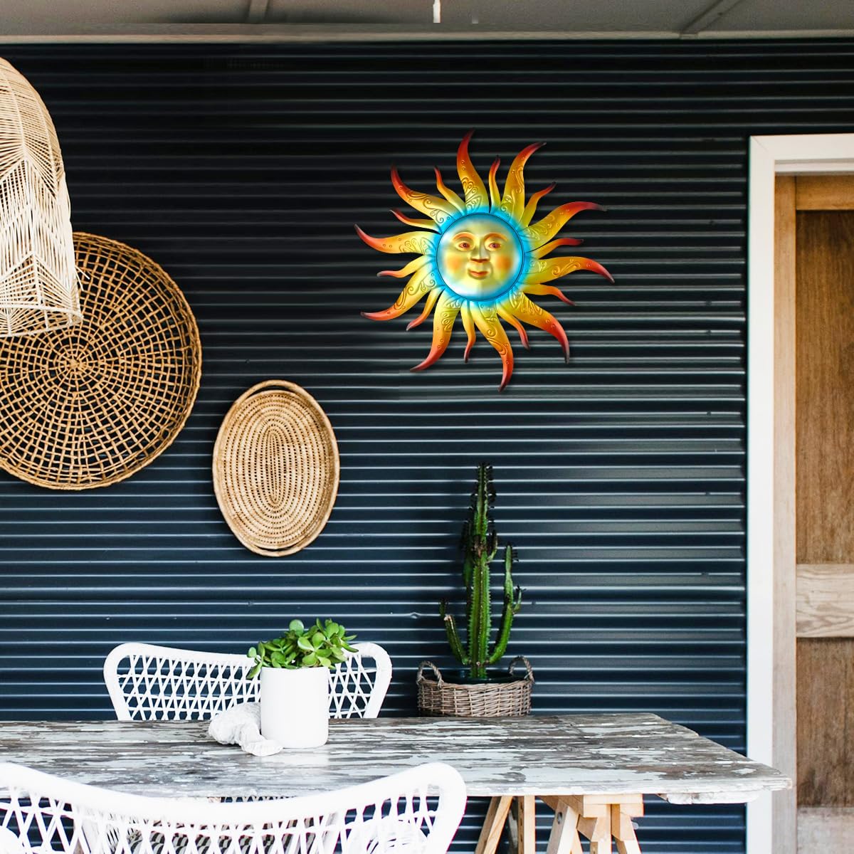 Kggetr Metal Sun Face Sculpture Wall Decor adds artful charm to walls.