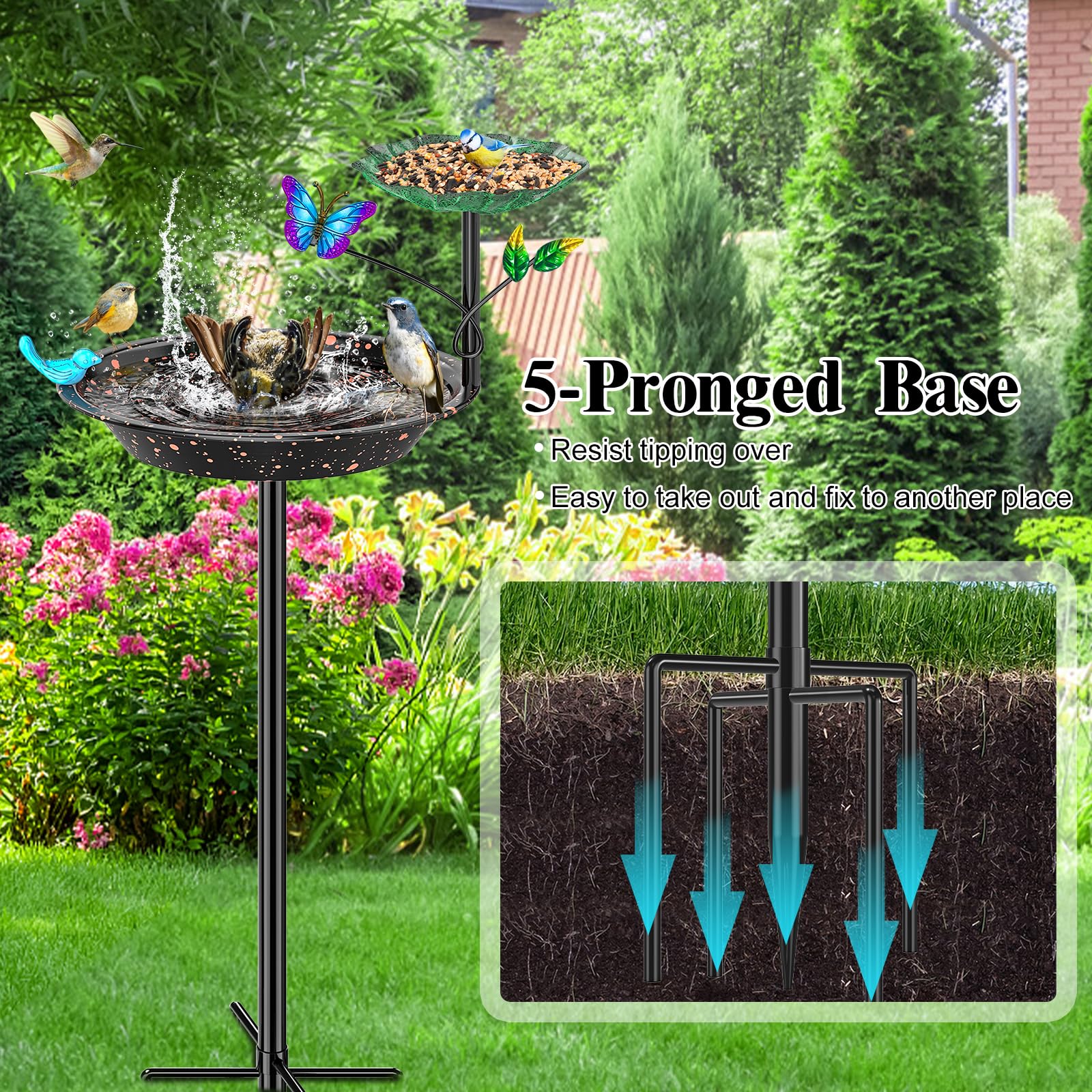 Dual-use design for bath and feeder invites daily feathered visitors.