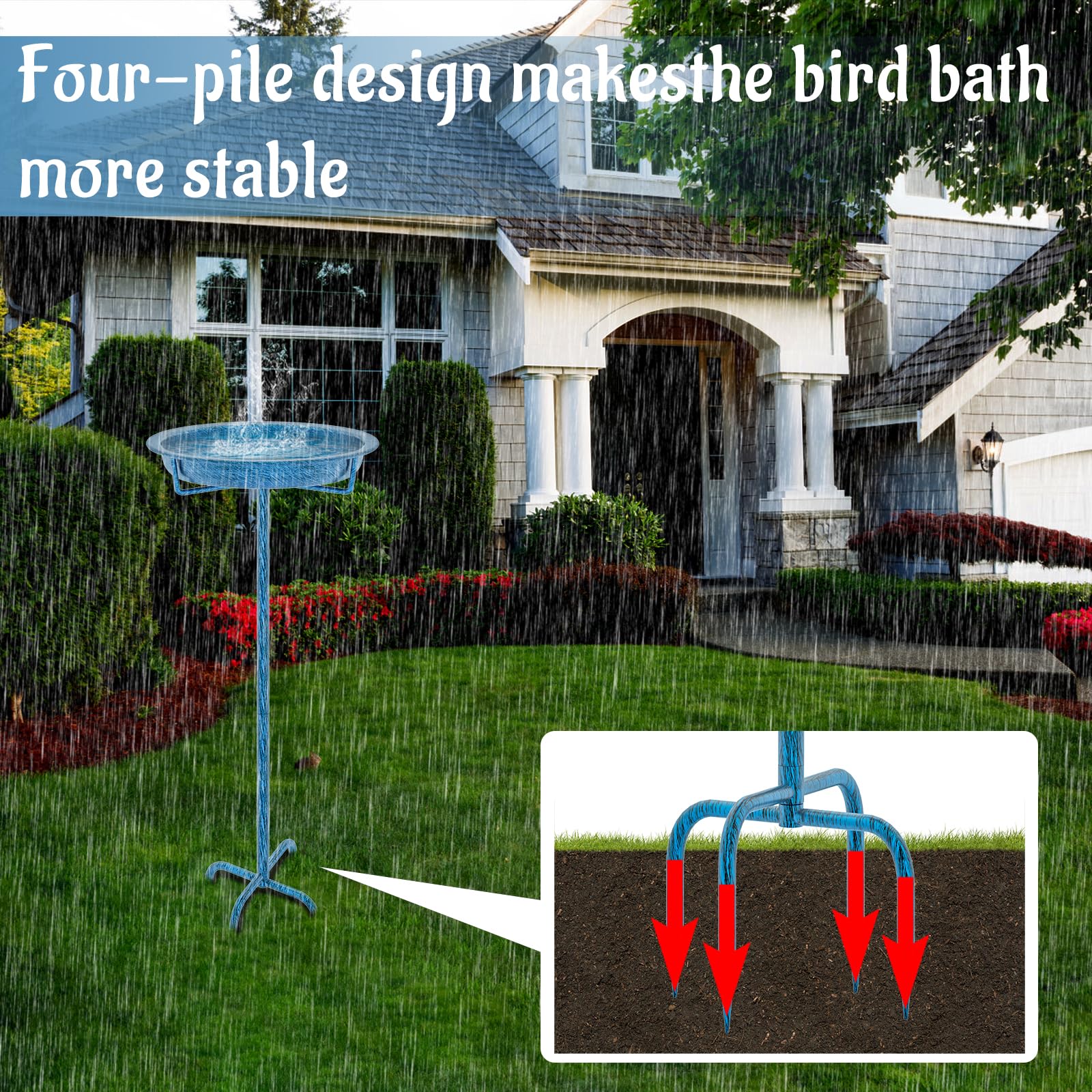 KhayRovies four-prong base provides stable lawn or patio support.