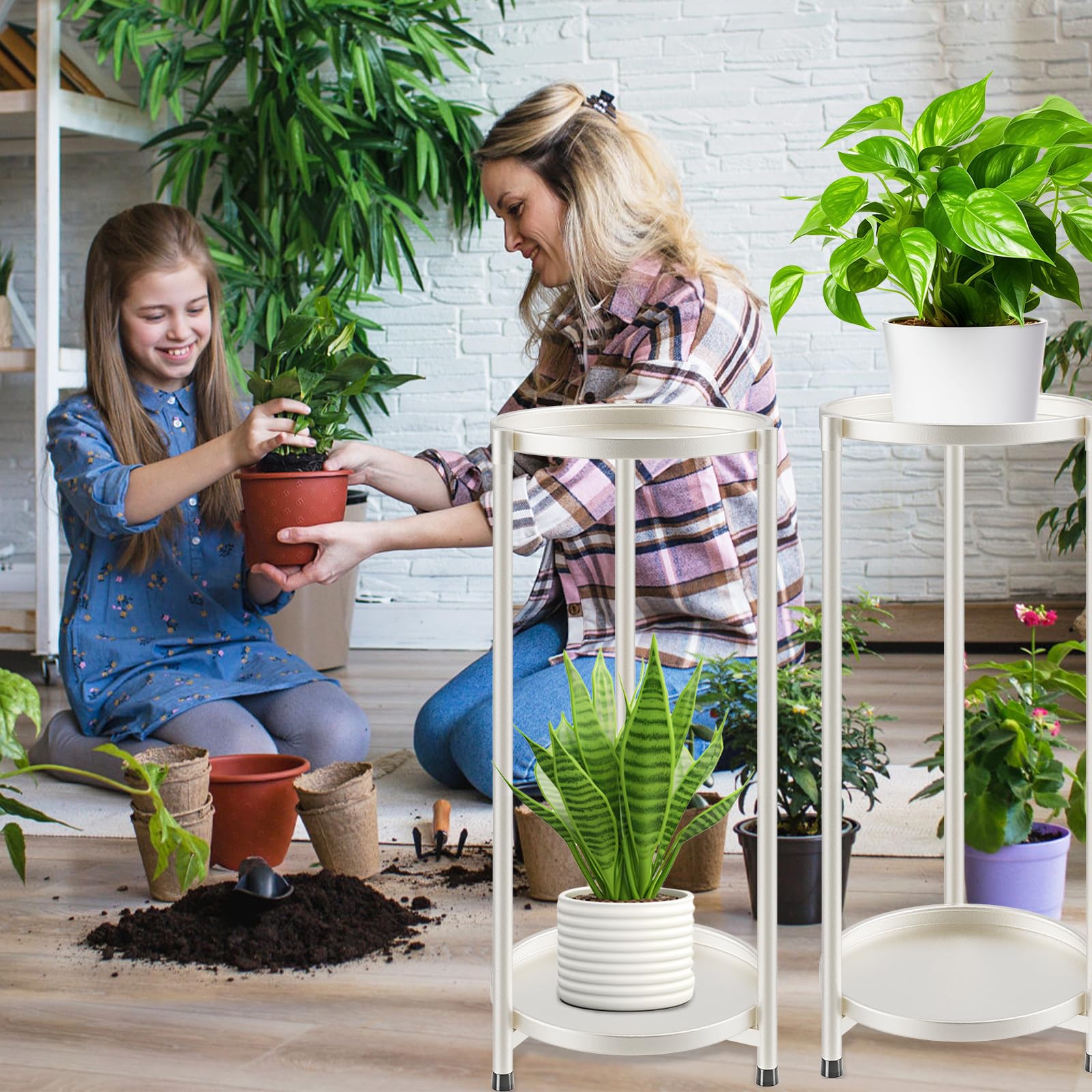 KHayRovies round tiered plant rack with two levels shown on a wooden floor.