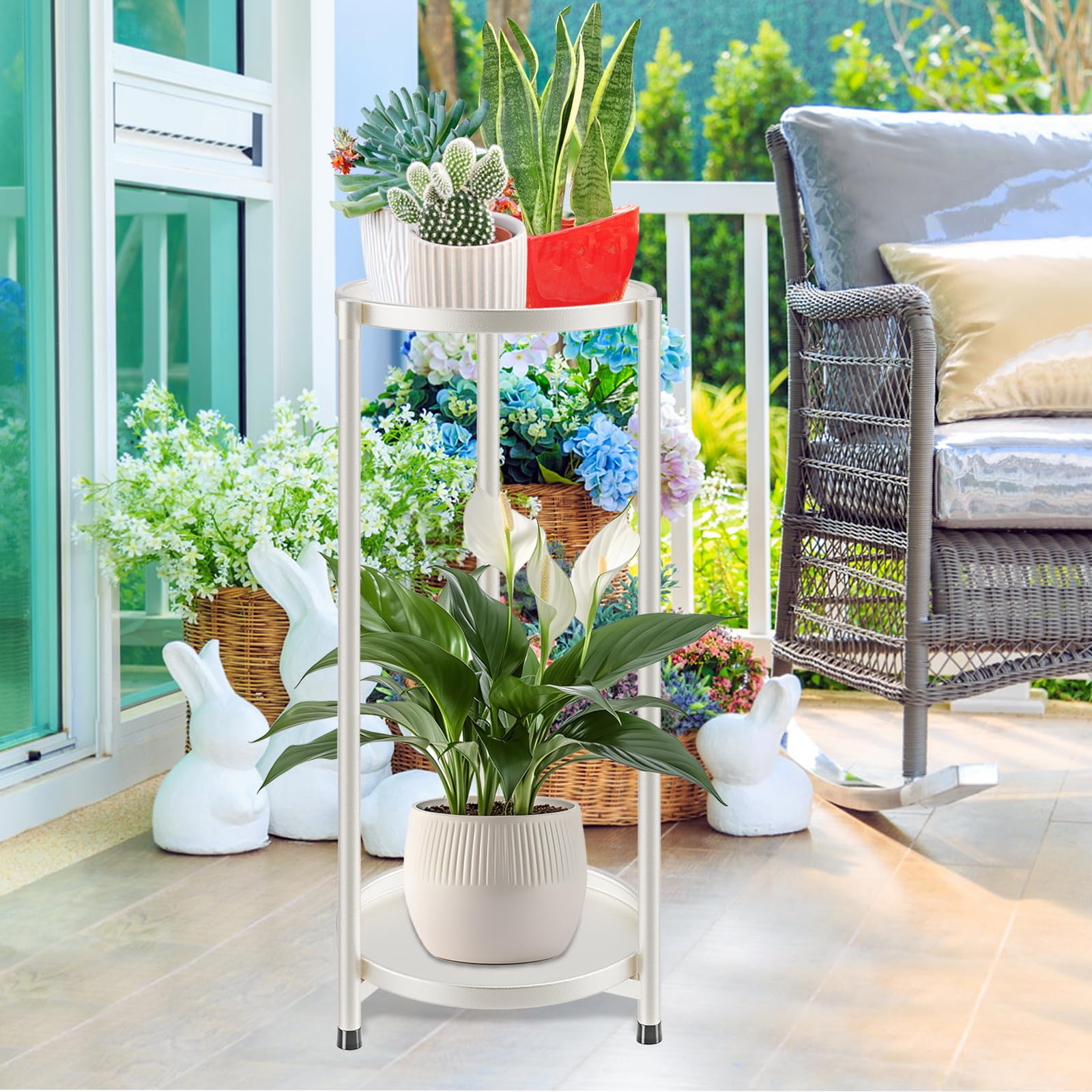 KHayRovies white metal plant display stand presented with mixed pots for a clean look.