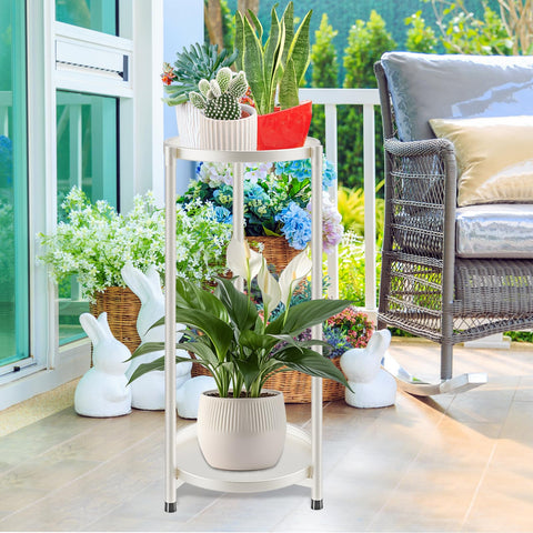 KHayRovies white metal plant display stand presented with mixed pots for a clean look.