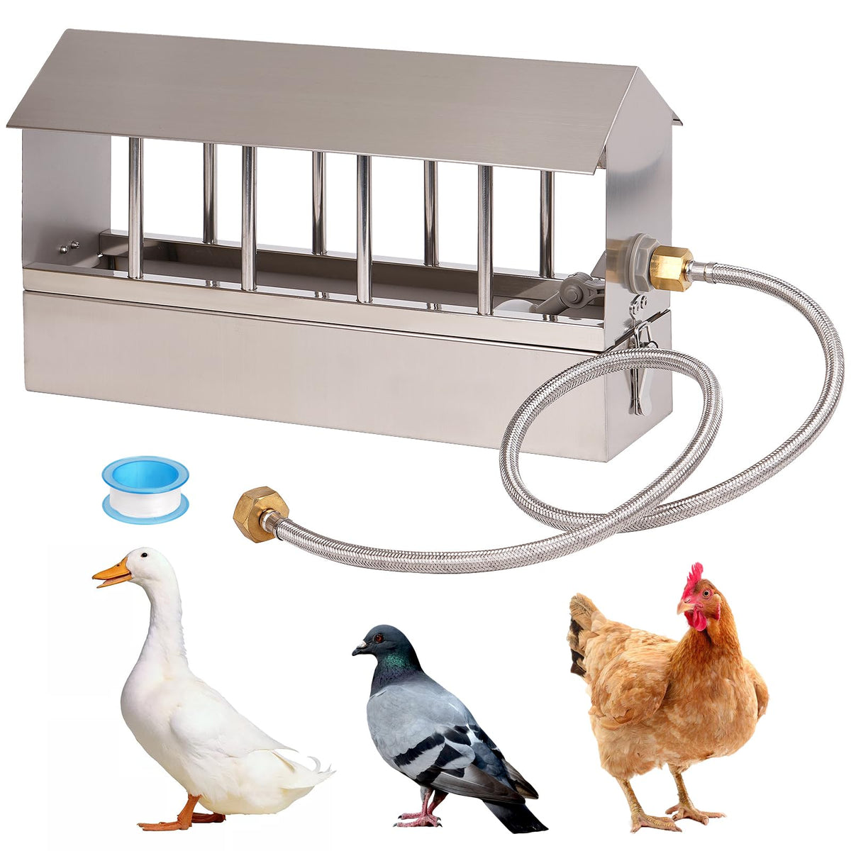 KHEARPSL Automatic Chicken Waterer front view shows durable stainless steel and steady water delivery.
