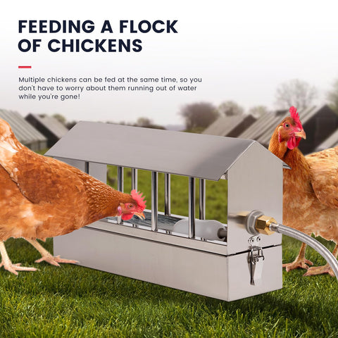 KHEARPSL Automatic Chicken Waterer side view highlights easy installation with standard hose fittings.