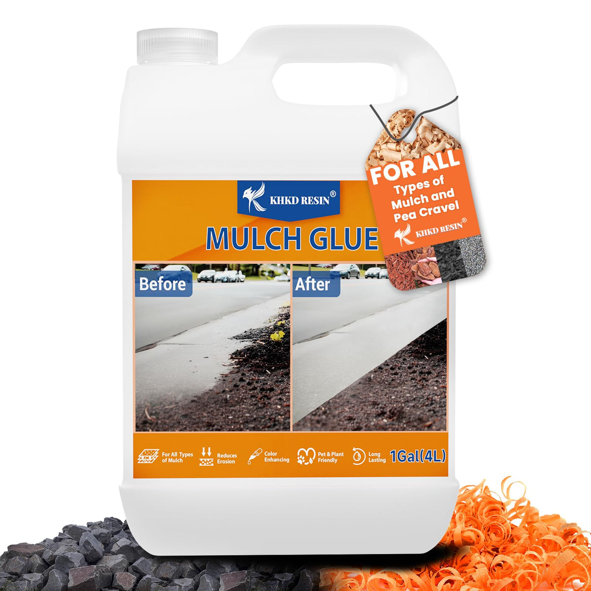 KHKD RESIN Mulch Glue bottle 1gal secures loose mulch in gardens.