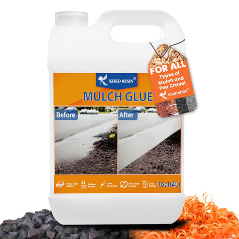 KHKD RESIN Mulch Glue bottle 1gal secures loose mulch in gardens.