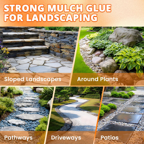 KHKD RESIN Mulch Glue demonstrates versatility with pea gravel, rubber mulch, and pine straw.