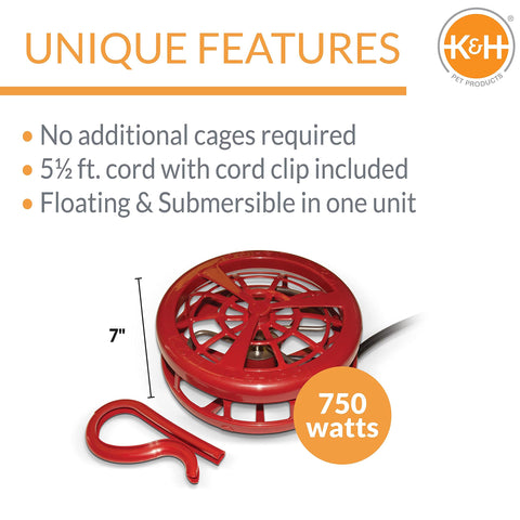 K&H deicer used as a submersible with protective cage for safe heating in water.