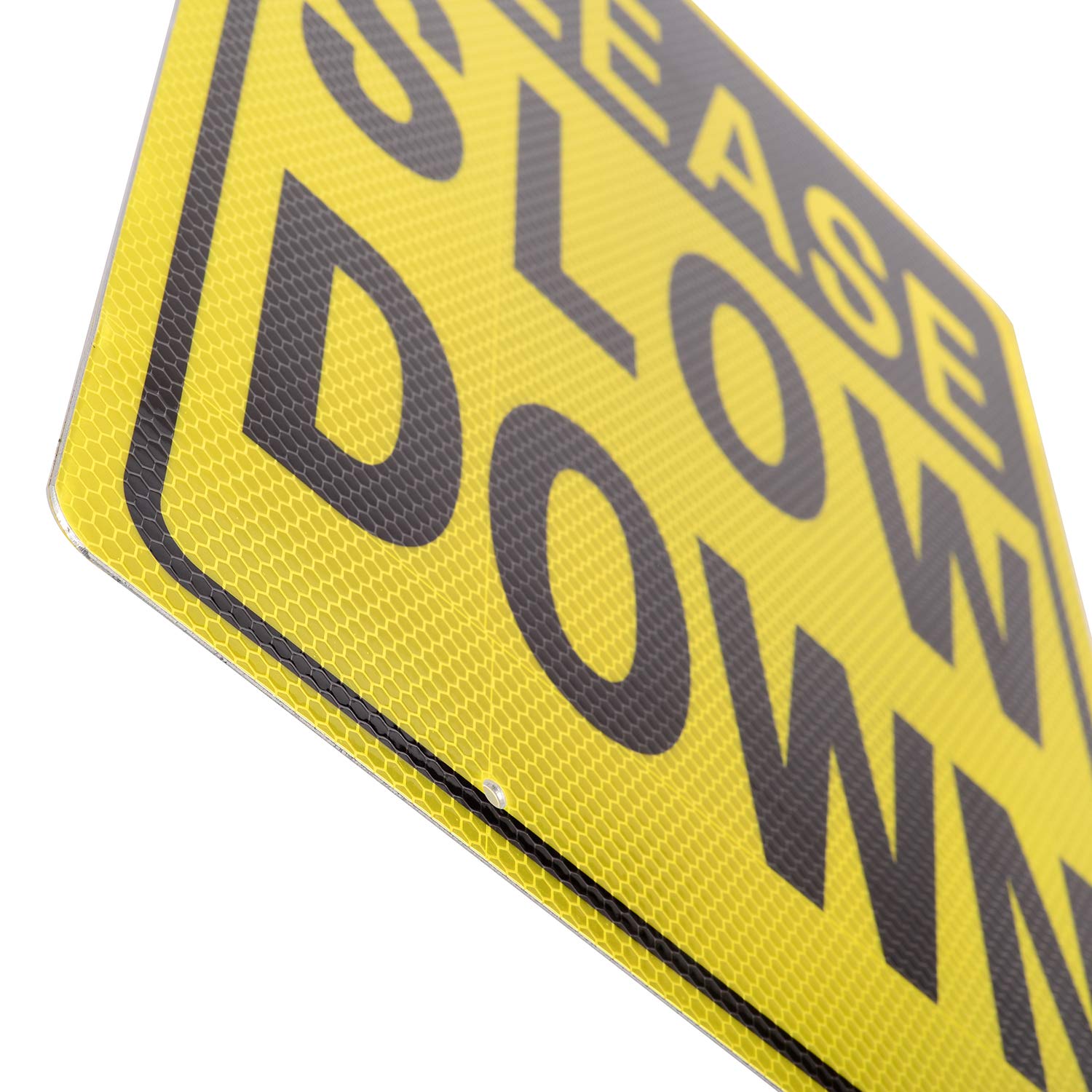 Kichwit Please Slow Down Sign side angle highlights weatherproof aluminum construction