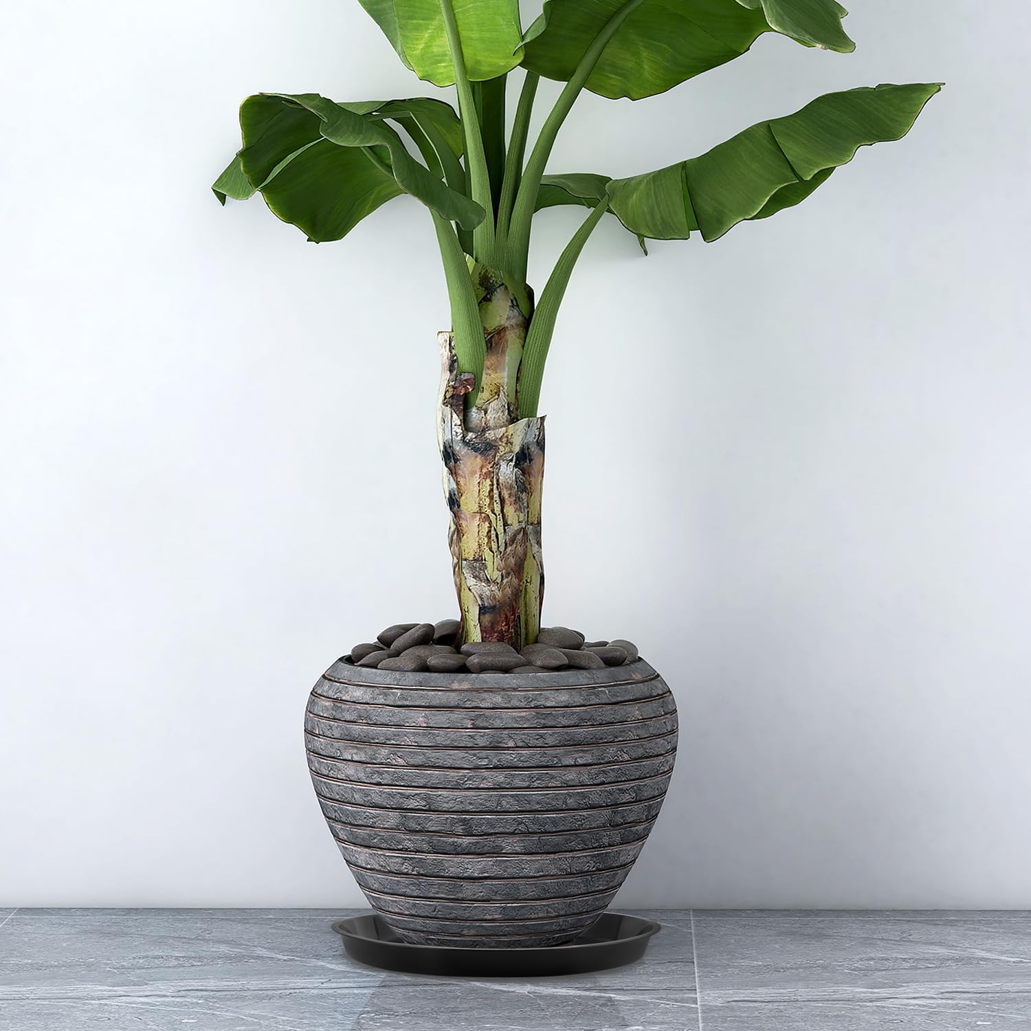 Kichwit round black plant saucer stacked for storage space saving