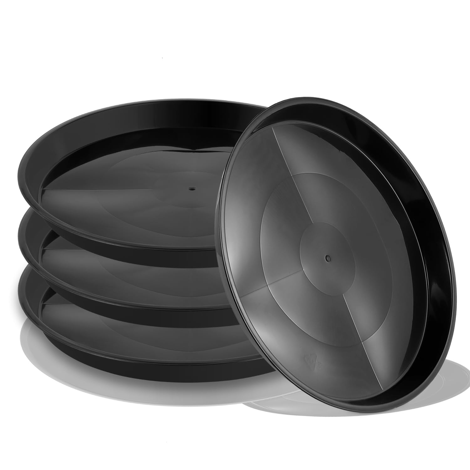 Kichwit round plant saucer under pot in black demonstrating water catch capability