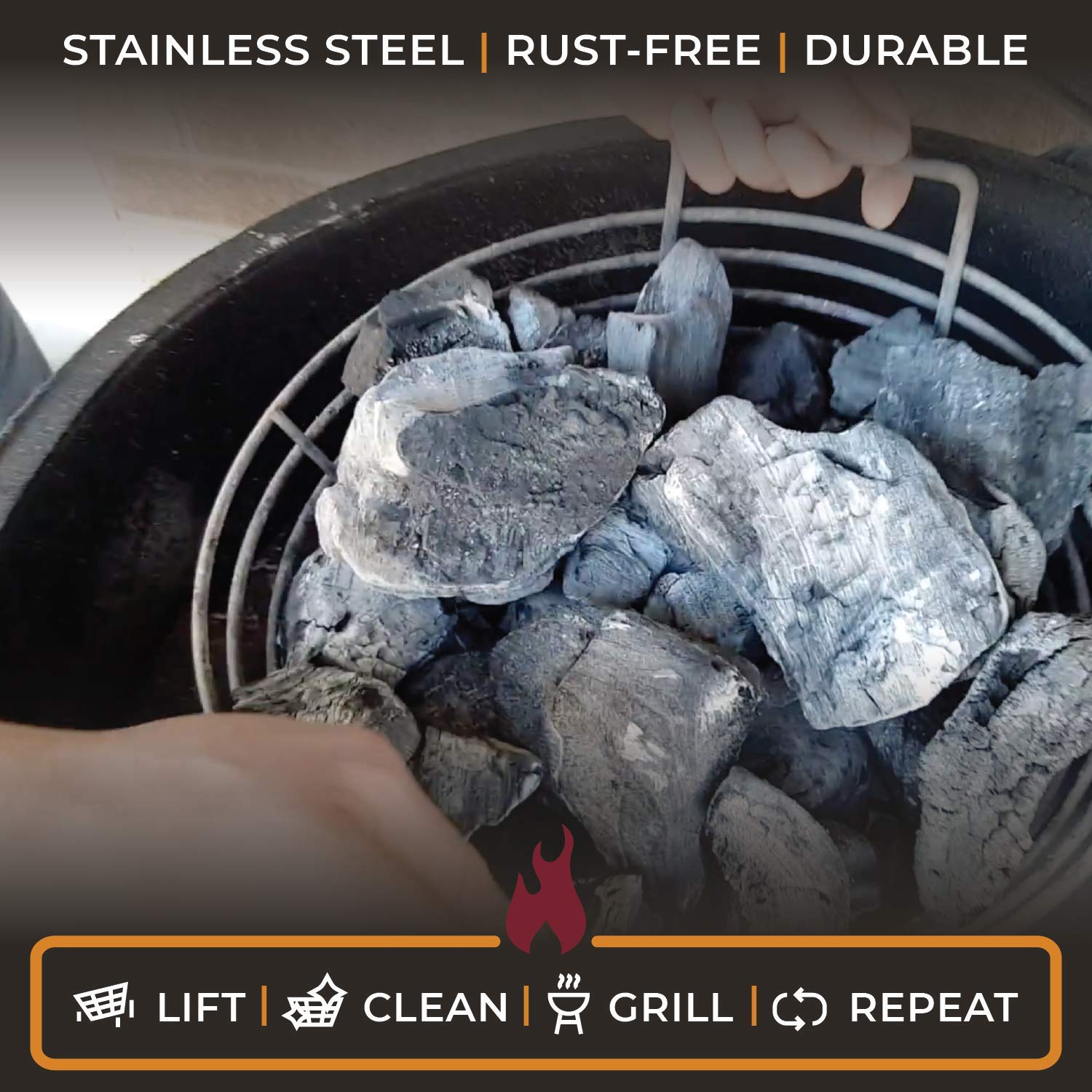 Kick Ash Basket demonstrates ash shake action for quick, easy cleanup