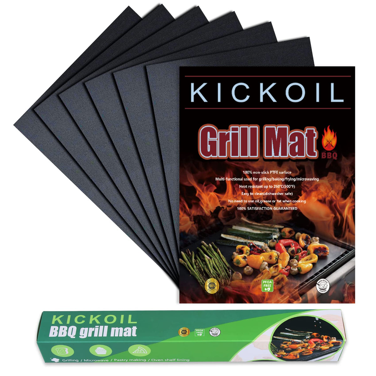 KICKOIL grill mats six-pack on grill surface highlighting non-stick feature