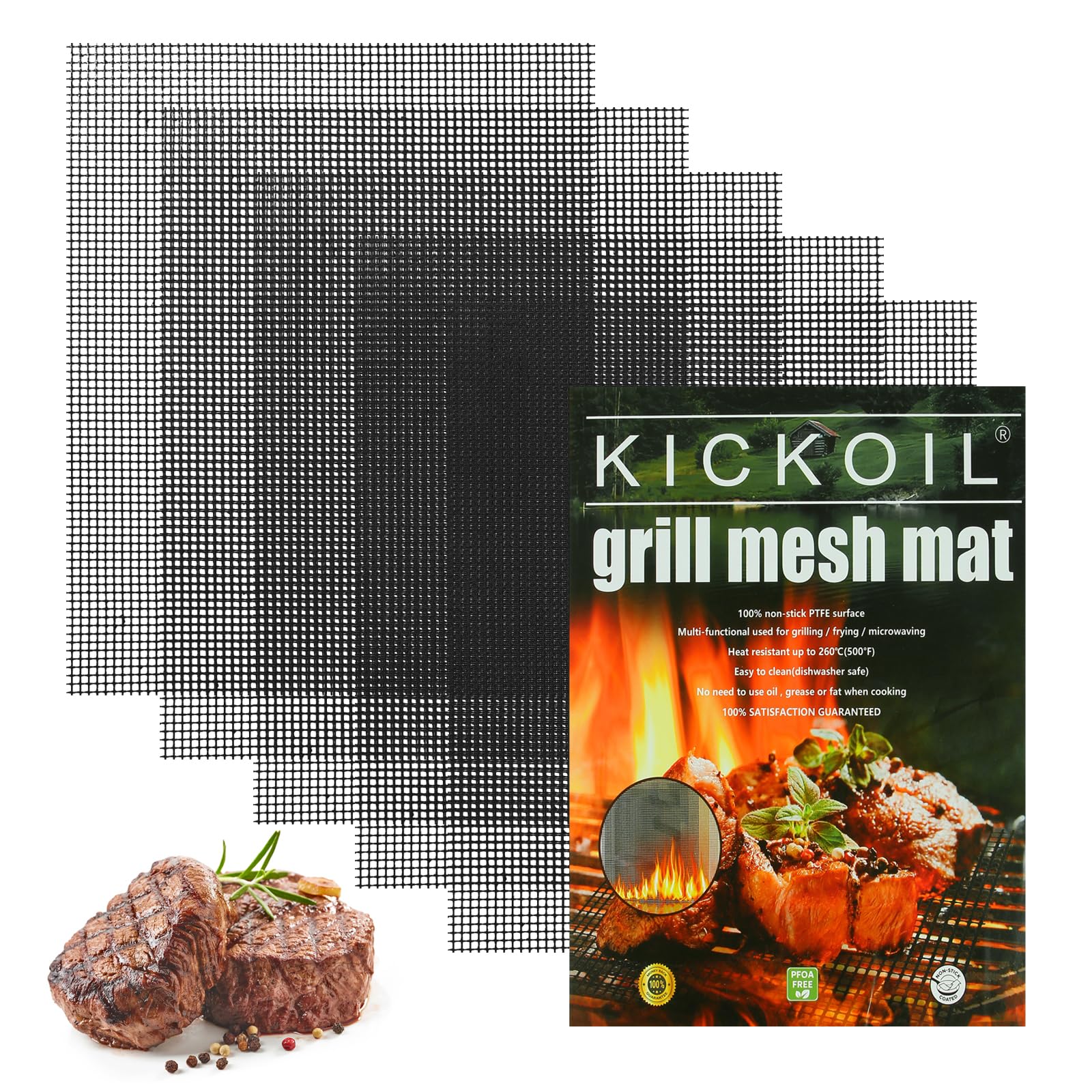 KICKOIL Grill Mesh Mat Set with five XL sheets for versatile outdoor grilling.