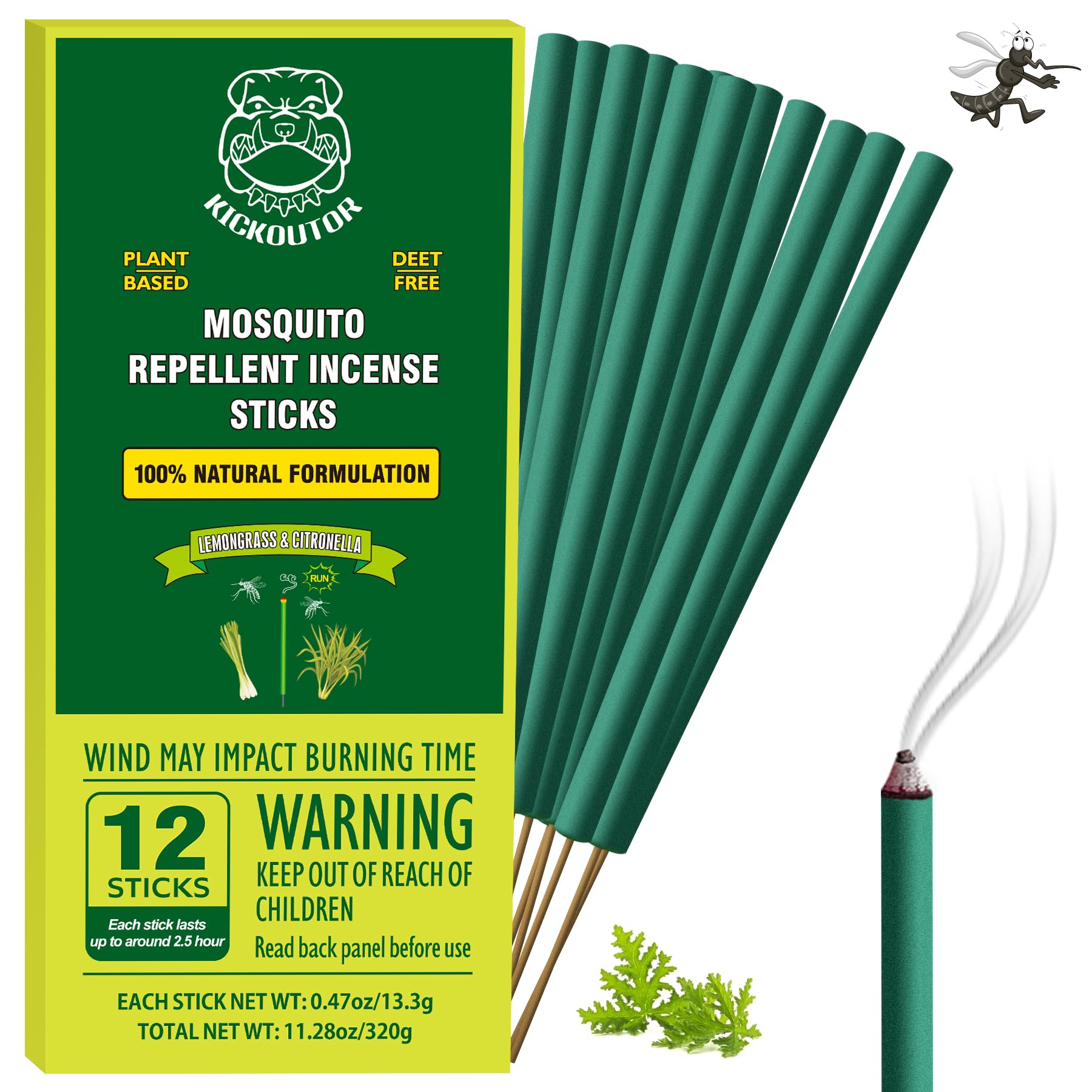 KICKOUTOR mosquito incense sticks with citronella, outdoors protection against mosquitos and no-see-ums.