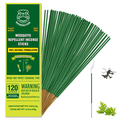KICKOUTOR mosquito sticks packaging highlights plant-based, DEET-free protection for outdoor use.
