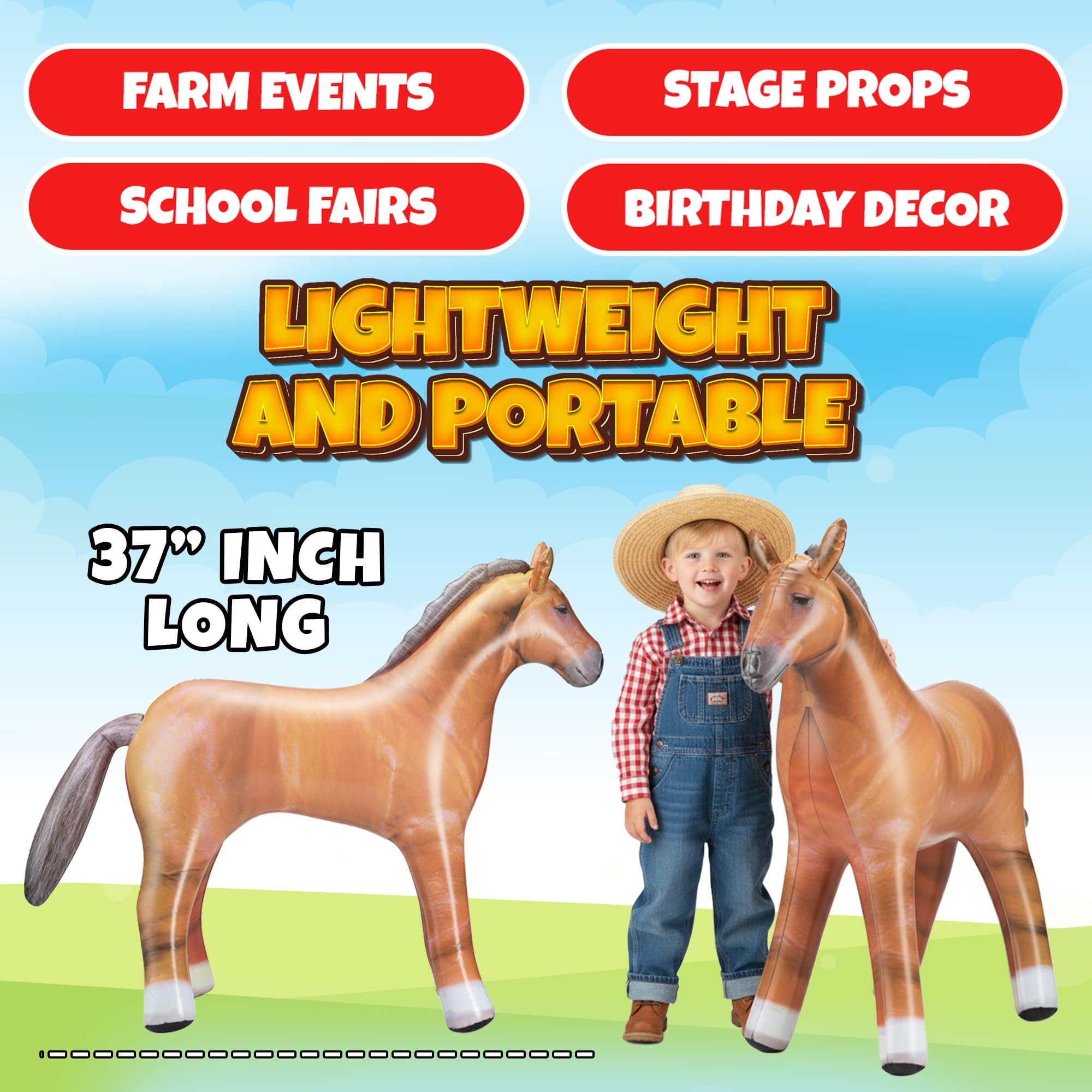 KiddieLoot easy-to-inflate horse with a large valve for quick setup.