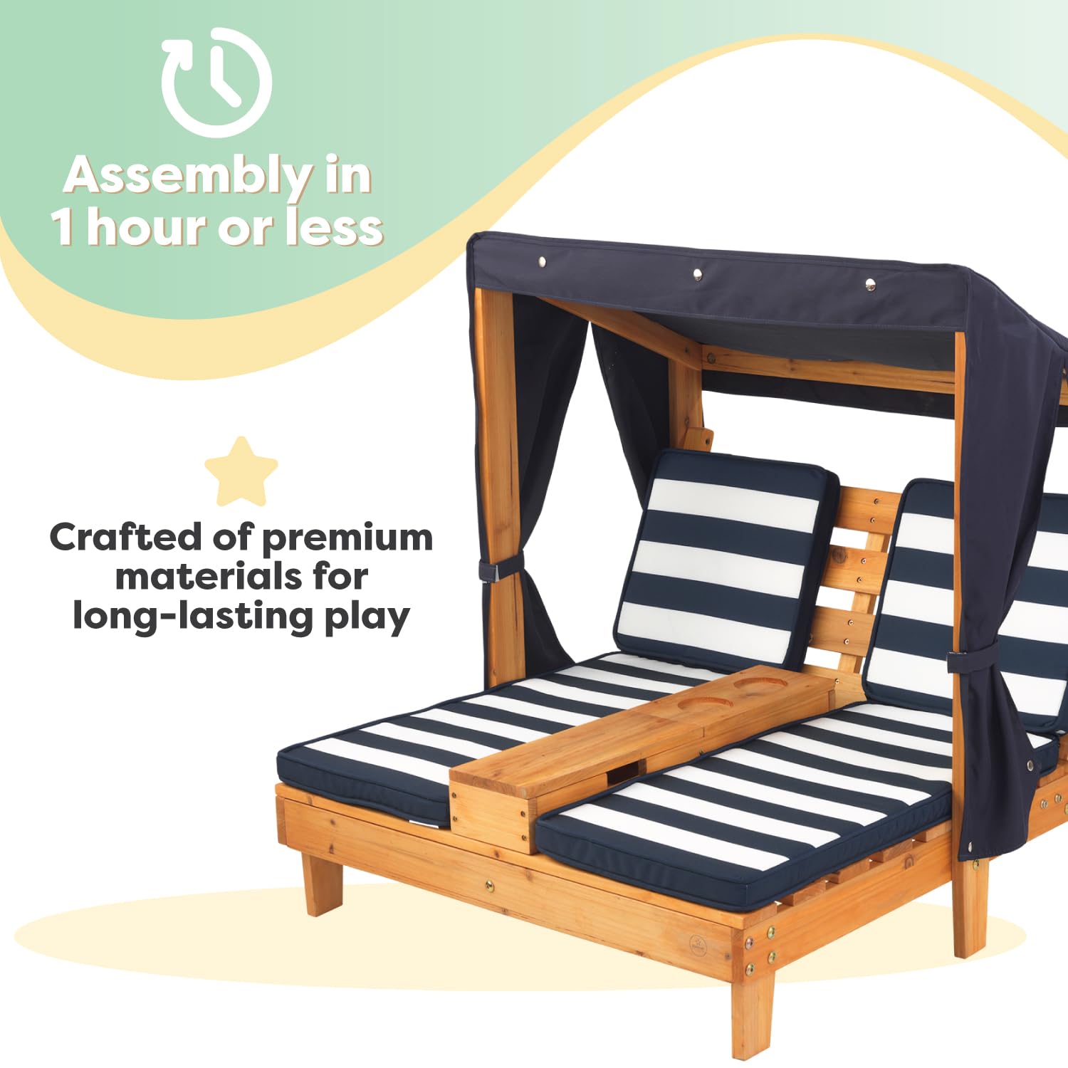 KidKraft honey-navy stripe fabric adds timeless outdoor style.