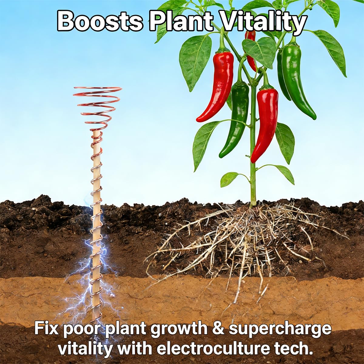 Kidpet electroculture copper antenna enhances root zones for faster growth and water efficiency.