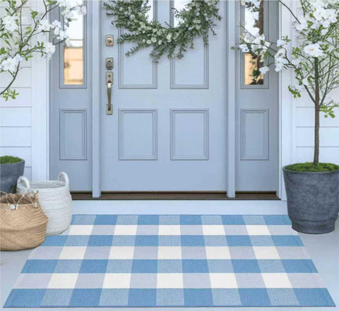 KIhipIoe buffalo plaid outdoor rug welcome mat pairing for seasonal greetings.