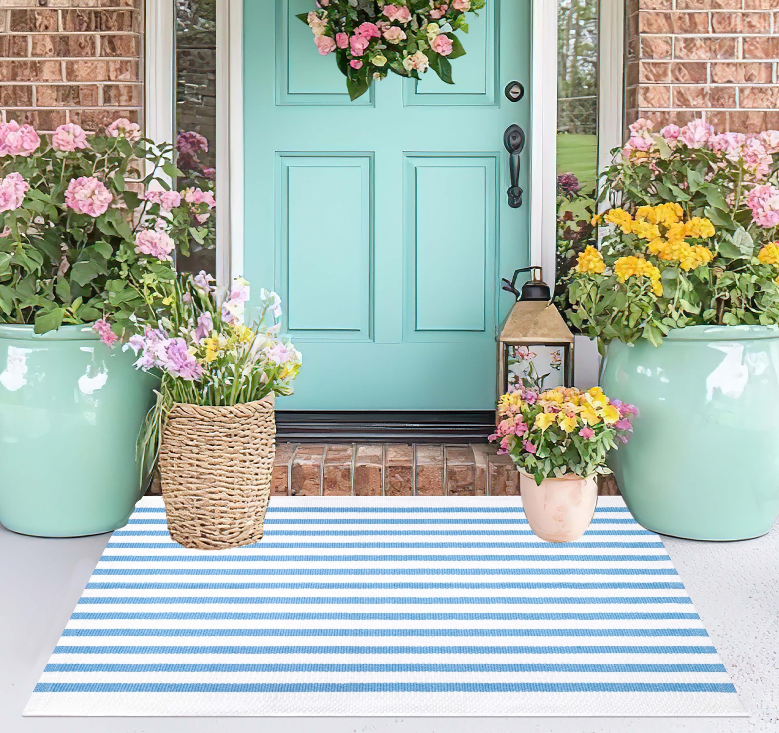 KIhipIoe light-blue-white striped cotton doormat front porch, showcasing washable practicality