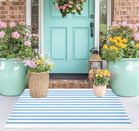 KIhipIoe light-blue-white striped cotton doormat front porch, showcasing washable practicality