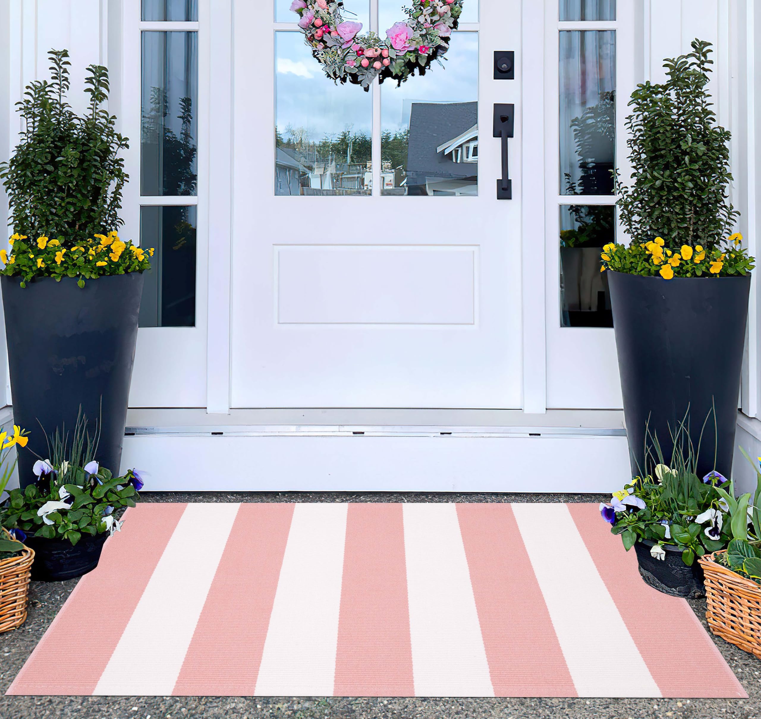 KIhipIoe outdoor front door mat 24x35 in pink and white welcomes guests