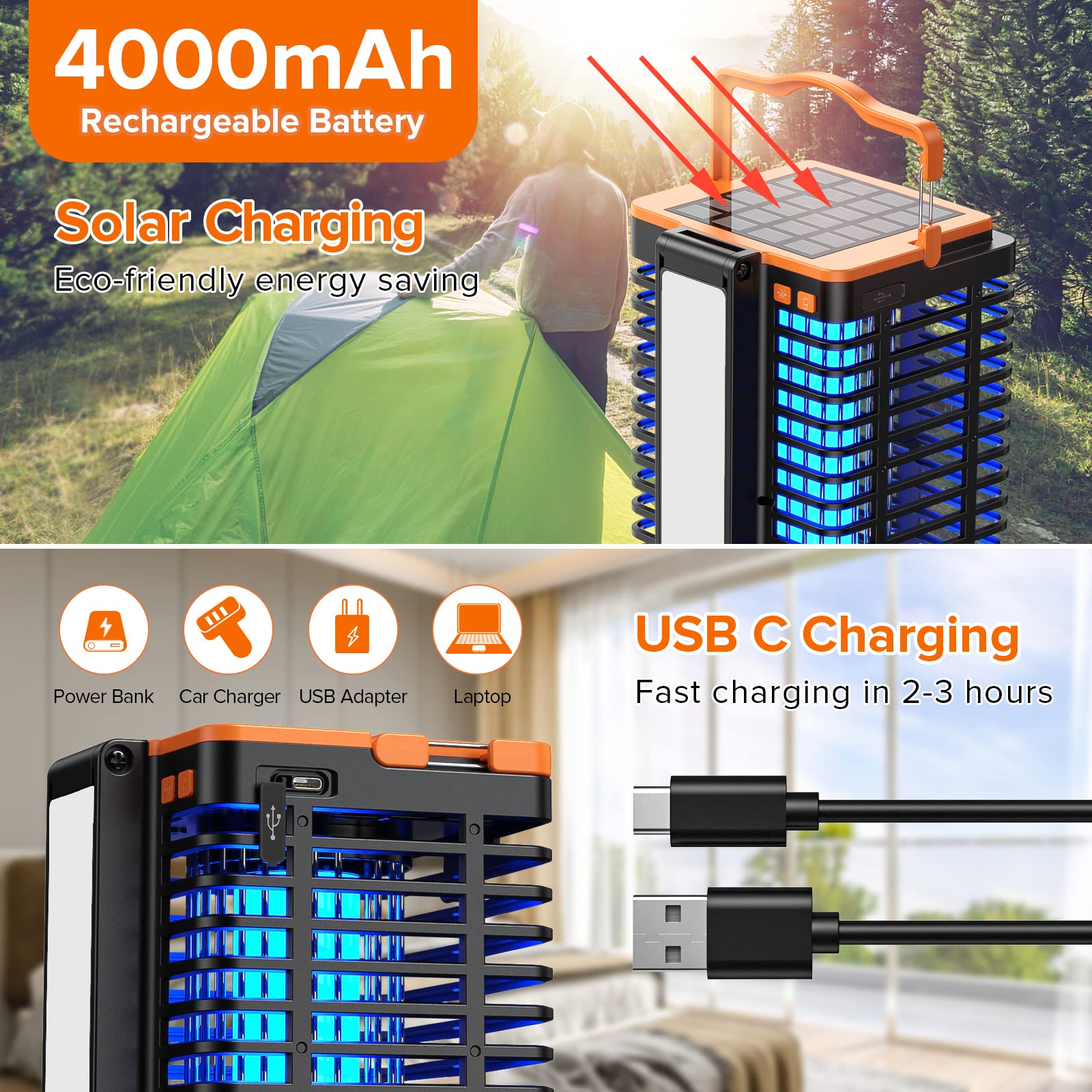 Kiies Solar Bug Zapper Outdoor at night, UV light attracts flying insects