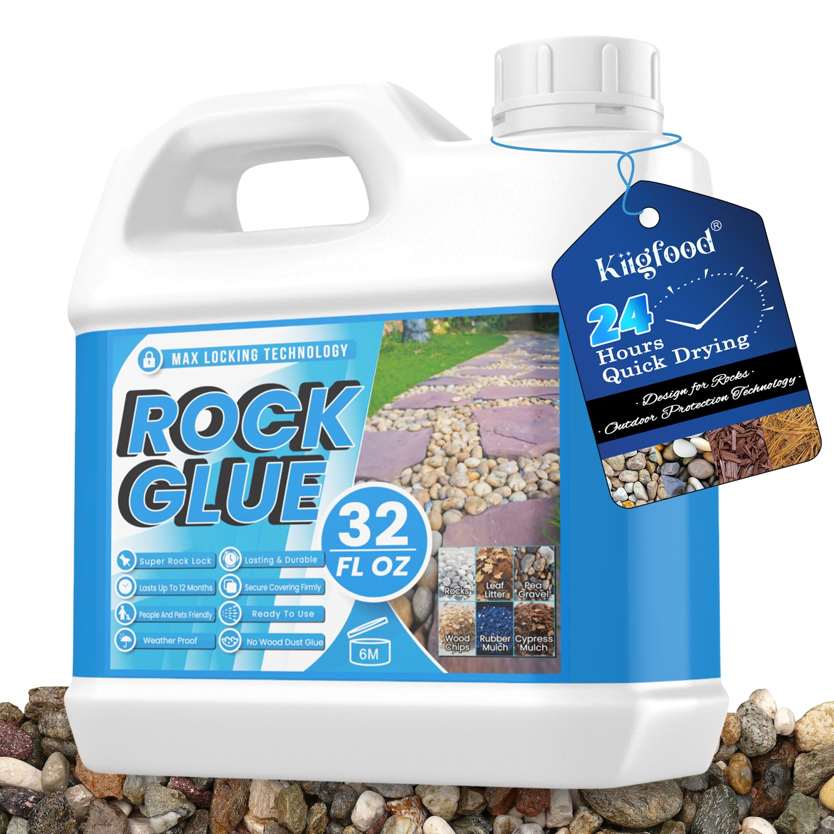 Kiigfood Rock Glue 32oz bottle bonds stones for durable outdoor pathways.