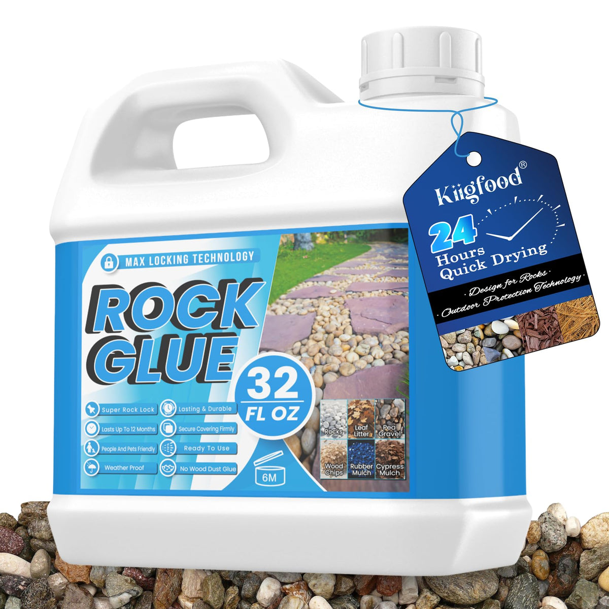 Kiigfood Rock Glue 32oz bottle bonds stones for durable outdoor pathways.