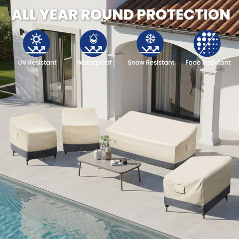 Kikcoin modern farmhouse look adds style while protecting outdoor seating.