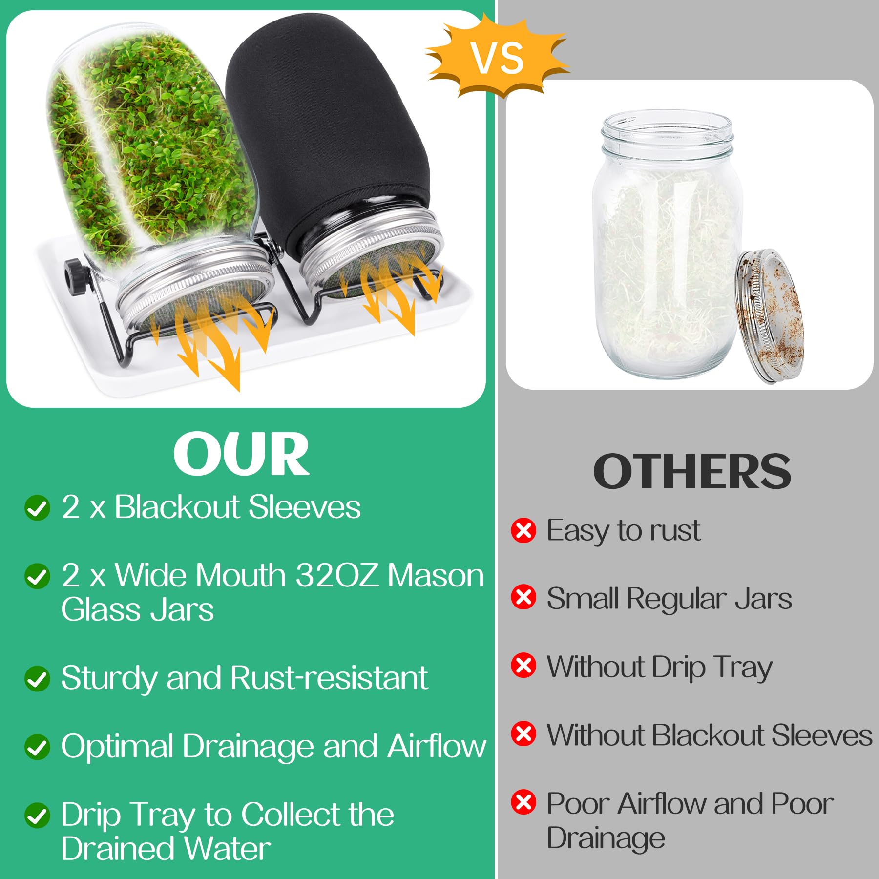 Kikerike stainless steel stands elevate jars for even sprouting and easier rinsing.
