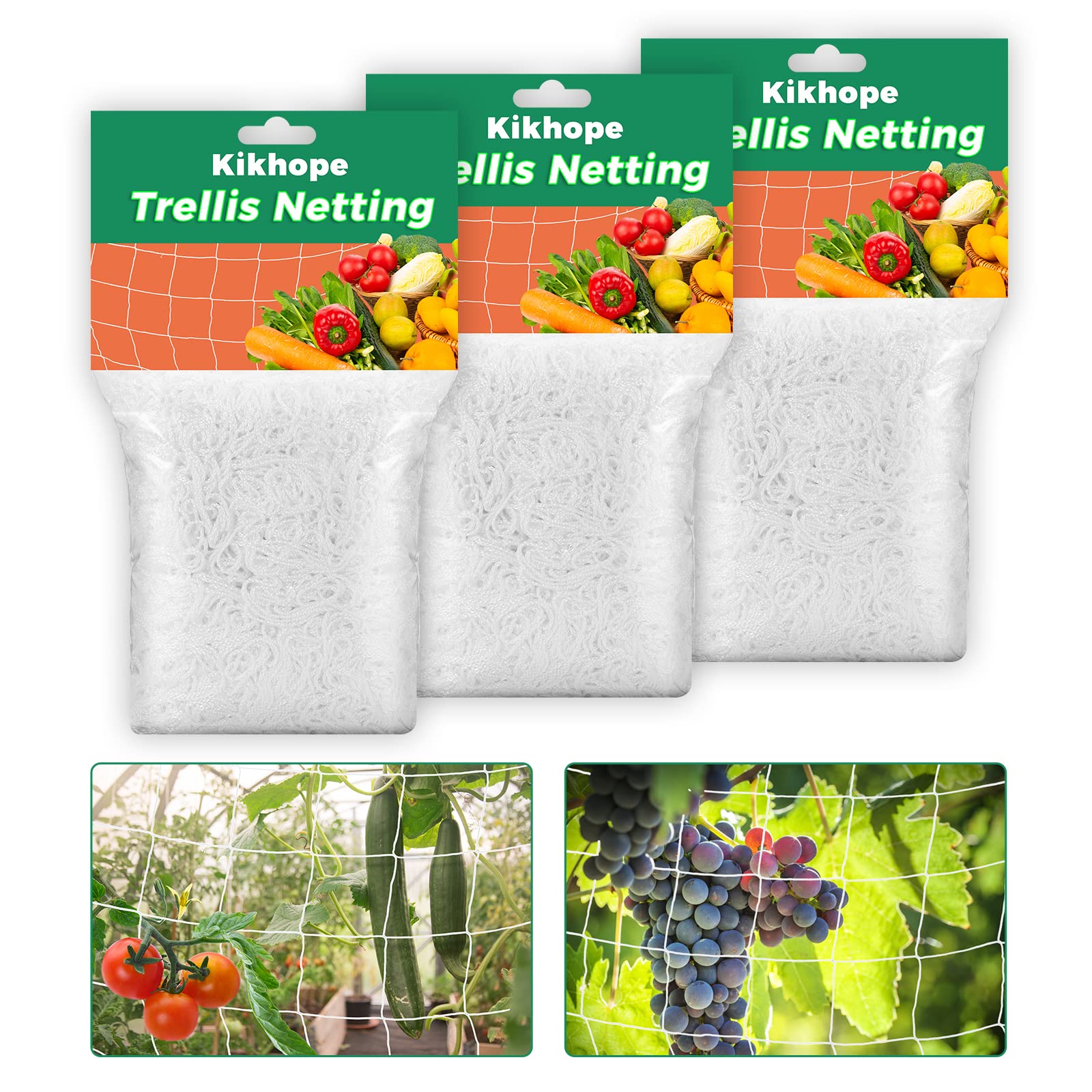 Kikhope Trellis Netting 5x15 ft three-pack supports climbing tomatoes and cucumbers.