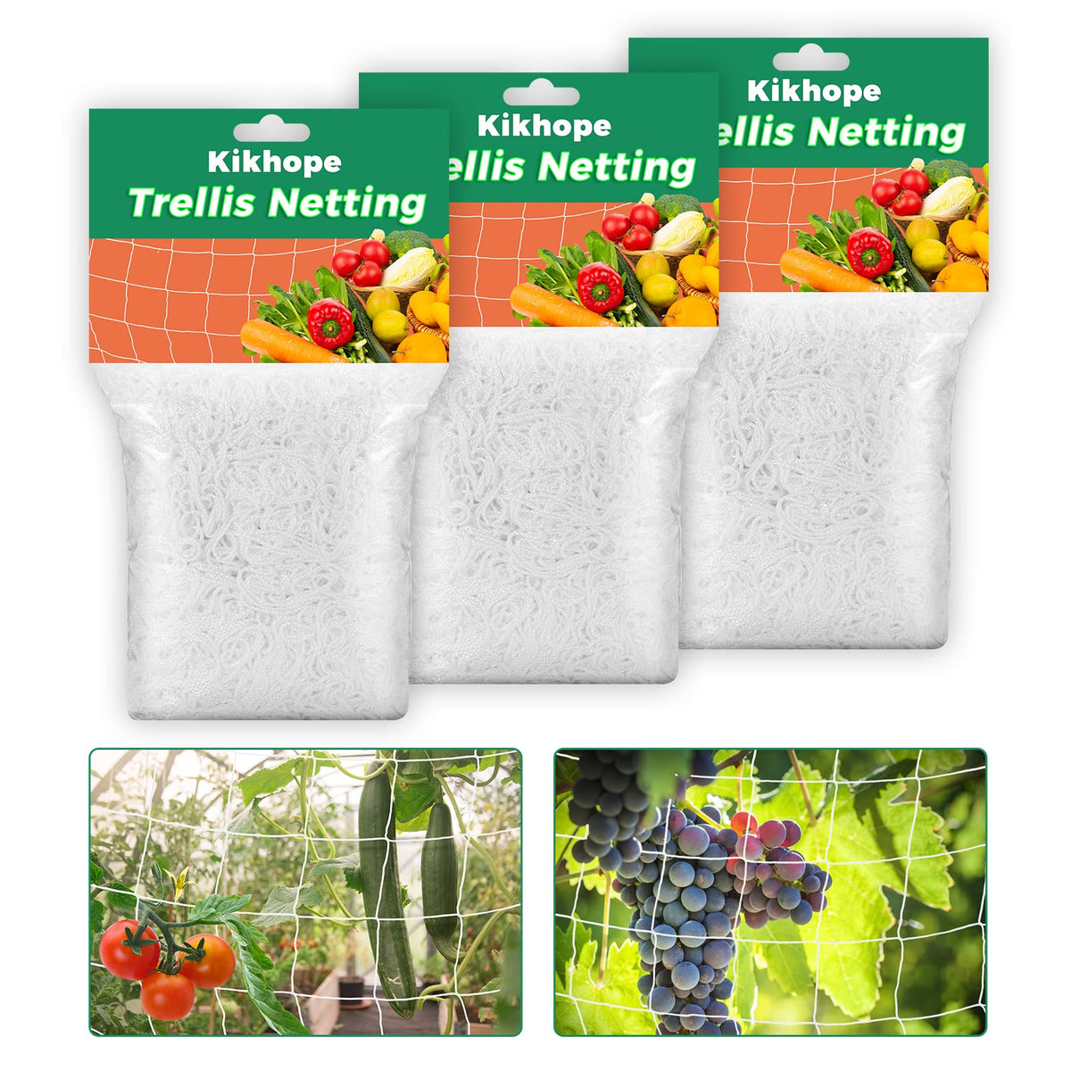 Kikhope Trellis Netting 5x15 ft three-pack supports climbing tomatoes and cucumbers.